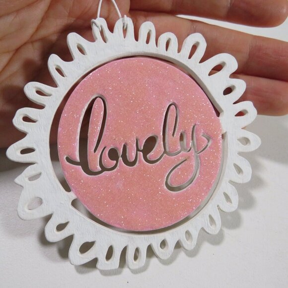 Peach  “Lovely” Laser Cut Wooden Ornament Hangs - Picture 2 of 6